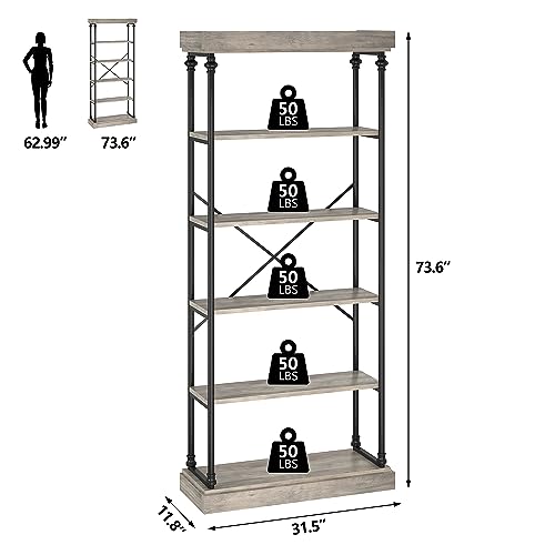 IDEALHOUSE Industrial Bookshelf Wood Bookcase 6 Tier Storage Open Rack Shelf with Metal Frame Rustic Tall Standing Bookshelves Large Grey Display Rack for Bedroom,Living Room and Home Office