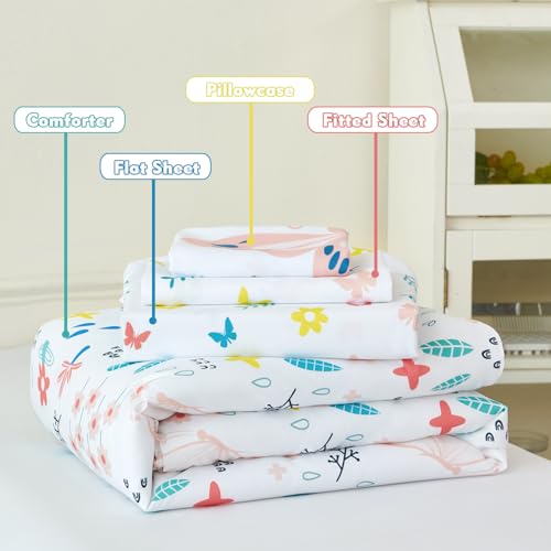 PERFEMET Girls Floral Comforter Set Twin Size 4 Pieces Botanical Flower Bedding Set Butterfly Pattern Teens Kids Bed in a Bag with Sheets for All Seasons(White, Twin)