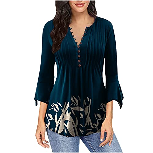 Tunika Damen 3/4 Glockenärmel Shirts mit Knöpfen V-Ausschnitt Oberteile...