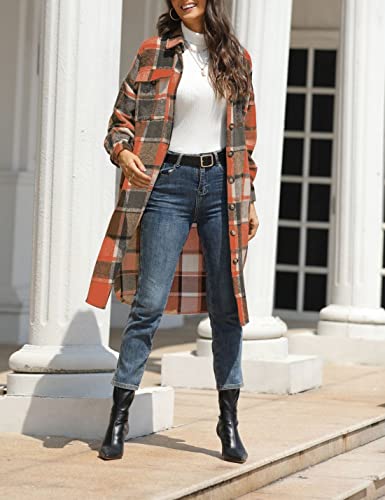 FindThy Women’s Long Plaid Shacket Wool Blend Button Down Shirt Jacket Coat with Pockets2