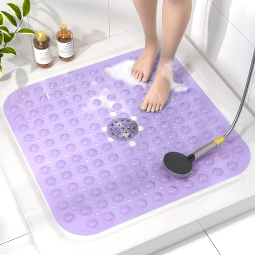 HITSLAM Tapis de Douche Antidérapant, 53x53cm Tapis de Baignoire avec ventouses, Lavable en Machine Tapis de Bain sans BPA, Doux pour Les Pieds, Violet