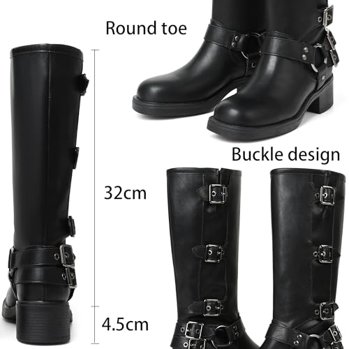 Image of AMINUGAL Knee High Boots Women Square Toe Pull On Wide Calf Riding Fashion Buckles Chunky Metallic Casual Vintage Buckle Rivet