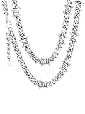 Barbed Wire Chain Silver Spike Necklace Goth Necklaces Silver Cuban Link Chain for Women Heavy Metal Necklace Cool Chains Thorn Necklaces Spiked Choker Punk