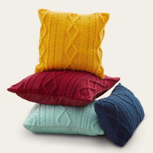 Throw Pillow Covers Set of 2-12x20 Inch Handknit Decorative Throw Pillow Covers,Wool Woven Cushion Covers,Chunky Yarns Couch Pillow Covers for Sofa Living Room Home Decor,Red