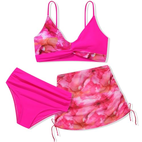 Girls Swimsuit 3 Piece V Neck Tropical Criss Cross Bikini Bathing Set Quick Dry Tankini with Drawstring Beach Skirt 7-16T