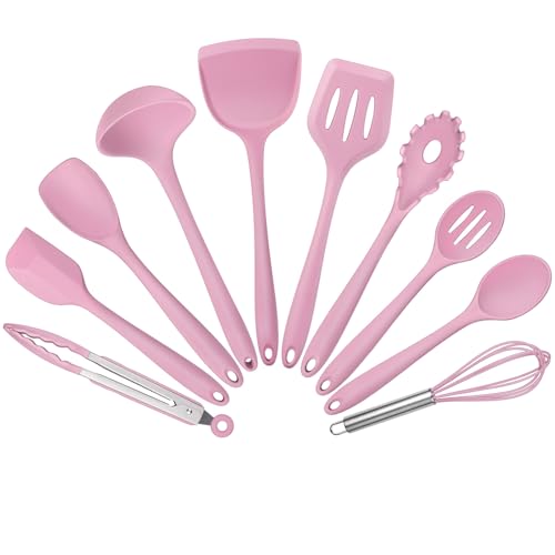 Silicone Cooking Utensils Set of 10, Leonyo Black Kitchen Utensils Set for Cooking, 446°F Heat Resistant Silicone Kitchen Tools with Turner Spatula, Soup Ladle, Spoons for Nonstick Cookware, Pink