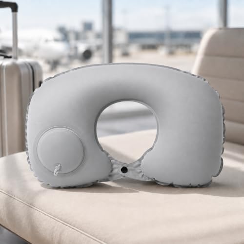BOOWEN Oreiller de Voyage Gonflable Coussin de Nuque en Forme de U Portable avec Pompe De Gonflage Pressée Coussins Cervical Pliable pour Bureau, Avion, Train, Voiture ou Camping (Gris Clair) – vue 6