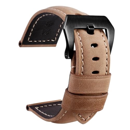HMFang Leather Straps Compatible with Panerai PAM441 386 Watch Accessories Men's Strap 20mm 22mm 24mm 26mm Watch Bands Cowhide Replacement Bracelet(02-Khaki Black,24mm)