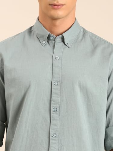 Image of Cavallo by Linen Club Men's Blended Linen Sage Solid Contemporary Fit Full Sleeve Casual Shirt