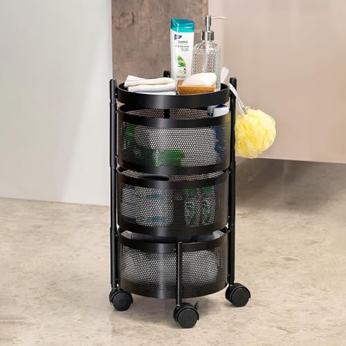 Image of MARKWELL Round Rotatable Kitchen Trolley with Wheels | Vegetable Fruit Onion Storage Rack | Multipurpose Metal Kitchen Organizer Stand | Matt Black (Round - 3 Layer)