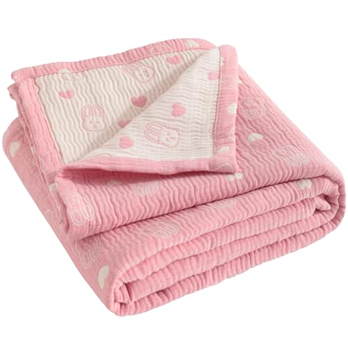Image of NTBAY 3 Layer Muslin Cotton Toddler Blanket, Jacquard Reversible Nursery Bed Blanket, Super Soft and Thermal for All Seasons, Decoration Gift, 30"x40", Pink Rabbit