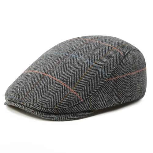 Image of FEINION Men Wool Blend Flat Cap Tweed Newsboy Ivy Hat (Plaid Grey)