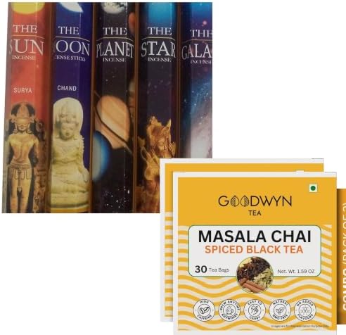 Goodwyn Masala Chai Tea (60 Tea Bags) Combo with Hem Celestial Incense Variety Sun Moon Star Planet Galaxy, 100 Stick | Tea & Incense Combo Pack | Gifting Made Easy | Combo Value Pack Hot EverydayUse