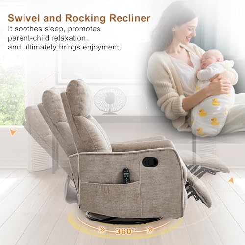 Image of Manual Swivel Rocker Recliner Chair for Adults, Overstuffed Reclining Glider Chair for Nursing with Vibration Massage & Heat, Living Room Rocking Recliner 2-Stage backrest, Chenille Fabric Khaqi