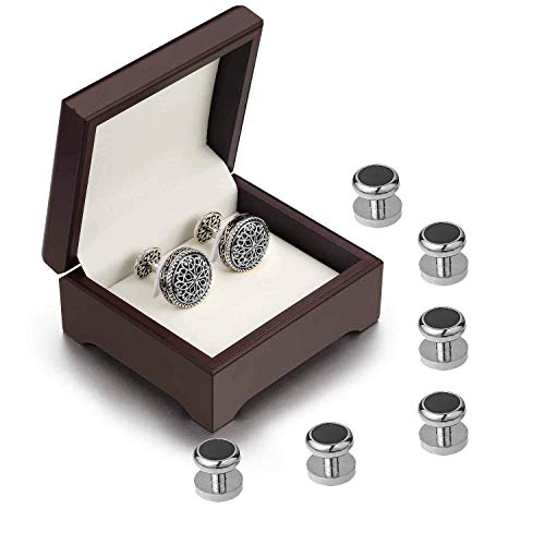 Platinum Plated Cufflinks with 6 Shirt Studs Set for Tuxedo Shirt - Best Gifts for Men Wedding Business with Luxury Wooden Gift Box