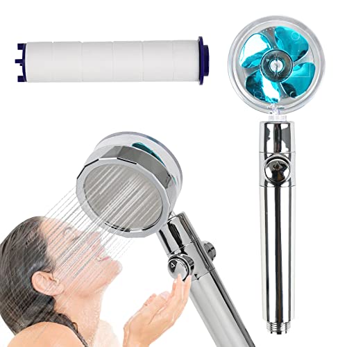 Shower Head, High Pressure Water Saving Shower, Handheld Shower 360 °RotatingTurbine Shower, Jet Bath Spray Spa Shower, Shower Head with Turbo Propeller PP Filter Propeller, Stop Button (Blue)