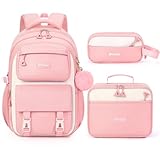 Fimibuke Backpacks for Girls, 3 PCS Waterproof School Backpack with Lunch Box & Pencil Pouch for Kids Teen Girl, Cute Bookbag School Bag for Elementary Middle High School Student Ages 6+(Pink)