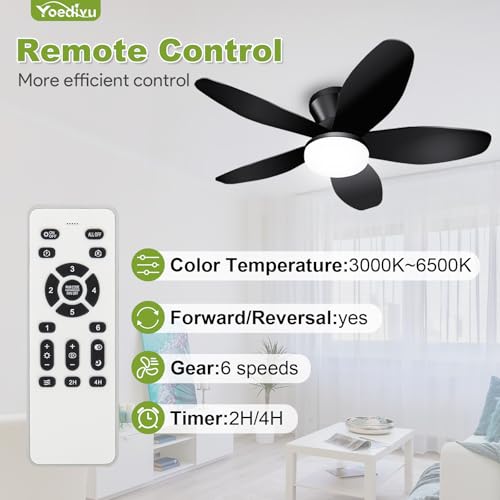 Image of Ceiling Fans with Lights - 35 Inch Small Low Profile Ceiling Fan and Remote,Flush Mount Ceiling Fan with 5 Reversible Blades 6 Wind Speeds, Black Modern Ceiling Fans for Bedroom Kitchen