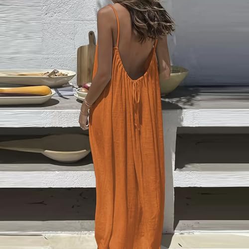 Image of HTHLVMD Backless Cami Dress Summer Dresses for Women 2026 Spaghetti Strap Dresses Womens Solid Color Backless Cami Dress