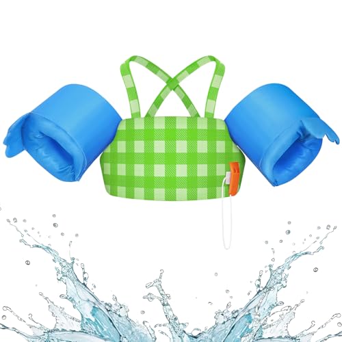 HeySplash Chaleco de Natación para Niños, Manguito de Natación con Correa Ajustable, Flotador de Piscina para Niñas de 2 6 Años, Flotador para Niños Aprendan a Nadar, Azul Verde A Cuadros