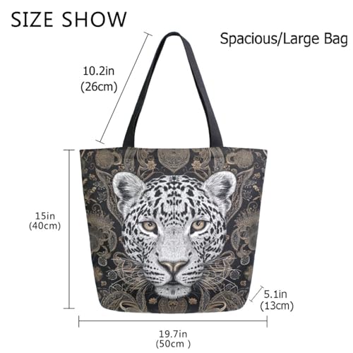 Ethnic Leopard Exotic Style Extra Large Canvas Gym Shoulder Tote,Durable Daily Reusable Top Handle Bag for Mens Womens Yoga Weekender Picnic Beach Travel Market Shopping3