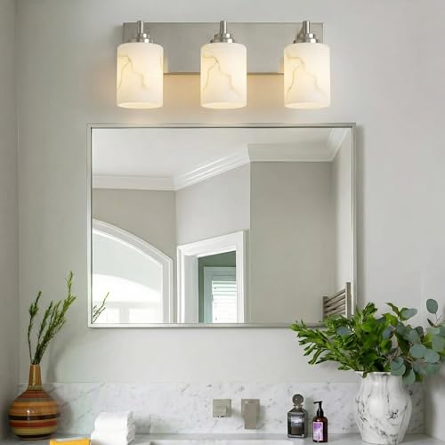 Image of 3-Light Bathroom Light Fixture, Brushed Nickel Modern Vanity Light with White Marble Glass Shade, for Bathroom Mirror, Living Room, Bedroom, Hallway, E26 Base, Extended Base