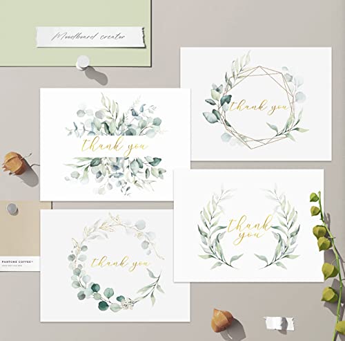 Amnadof 100 Eucalyptus Gold Foil Thank You Cards Bulk - Blank Note Cards With Greenery Envelopes – Include Stickers, Perfect For Wedding,Baby Shower, Bridal Shower And All Occasions #TOP3