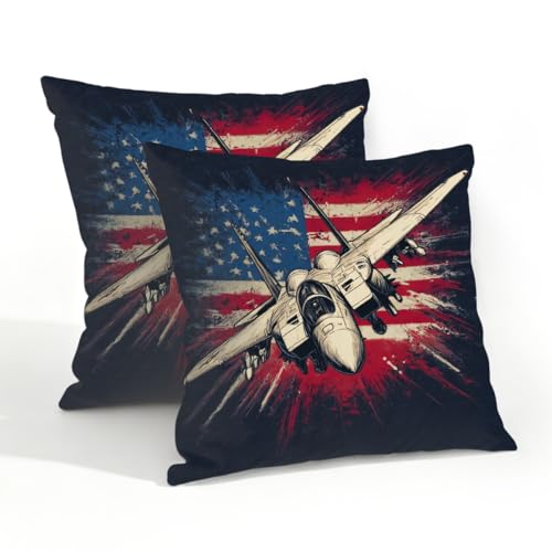 HSYOYO 20x20 Inch Outdoor Pillow Covers Set of 2 Waterproof Throw Pillow Covers Decorative Couch Cushion Covers Fighter Jet American Flag Square Pillowcases Protectors