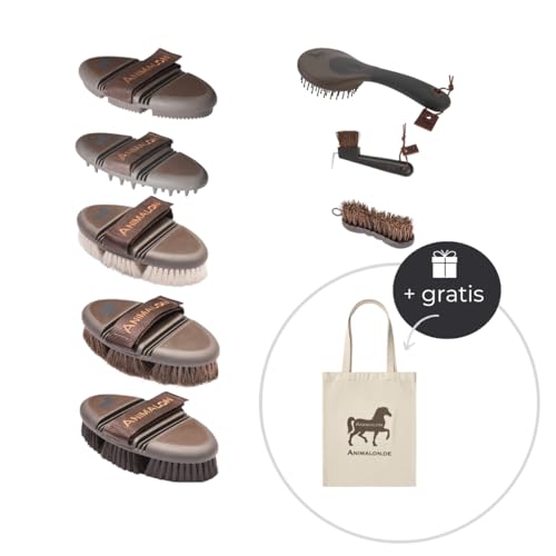 Animalon Deluxe-Set | CareFlex Rosshaar-Kardätsche, Striegel, Glanzbürste und Massage-Striegel, Kardätsche, Mähnen- & Schweifbürste, Hufbürste, Hufkratzer | Bürstenset