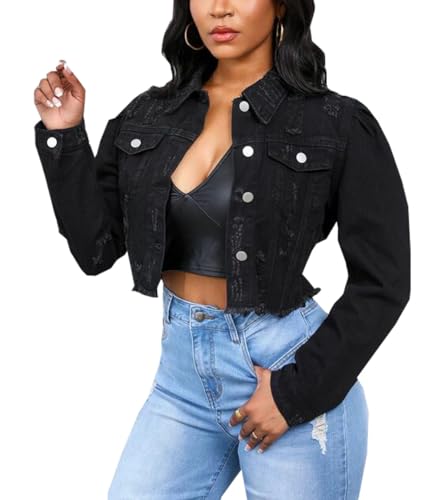 Womens Ripped Puff Sleeve Cropped Denim Jackets Distressed Frayed Hem Button Down Long Sleeve Jean Jackets Top