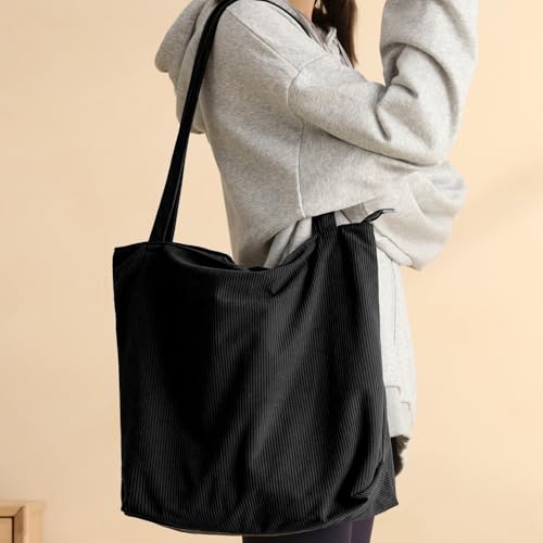 Tote Bag Damen Shopper Cord Tasche Groß Beuteltasche Schultertasche Mit ReißVerschluss,Stoff Umhängetasche Handtasche Für Schule Arbeit Büro Reisen Einkaufen Alltag,Geschenk für Damen