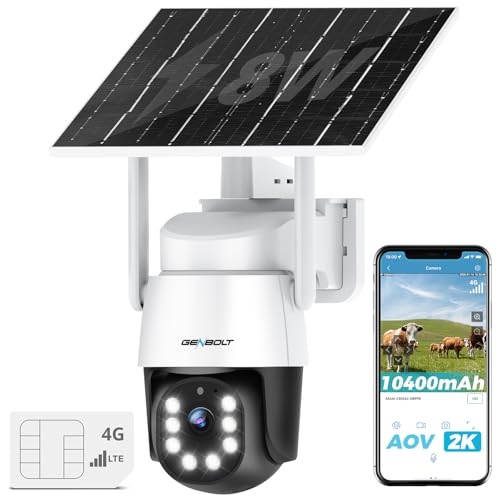 GENBOLT 4G AOV Solaire Caméra De Surveillance Extérieur sans Fil,Enregistrement 7/24,3MP San WiFi IP SIM Caméra Surveillance Batterie avec détection IA 90...
