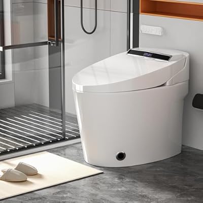 Smart Bidet Toilet for Bathrooms, Toilet with Built-in Bidet, Heated Toilet Seat with Nightlight, Foot Sensor, LED Display, Warm Water and Dry, Remote Control, Modern White