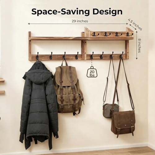 ZOESEEK 29" Coat Rack Wall Mount with Shelf, 4 in 1 Wall Mounted Coat and Key Hanger with 11 Hooks, Entryway Key Holder with Mail Holder for Living Room, Bedroom — view 3