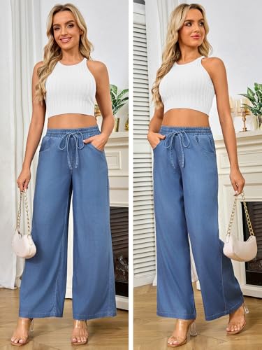 Women's High Waisted Wide Leg Jeans - Straight Leg Pants Adjustable Drawstring Waist, Loose Fit, Comfy Stylish3