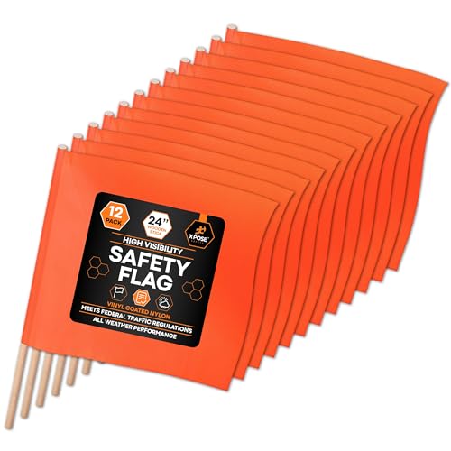 Image of Xpose Safety Orange Vinyl Safety Flags 18 inch x 18 inch with 24 inch Wooden Staff, 12 Pack - High Visibility Warning Flags for Road Crews, Construction Zones, Parking Lots & Emergency Response