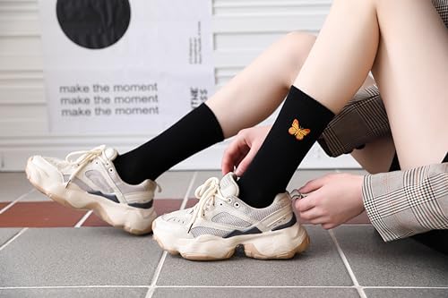 Image of Womens Calf Socks Embroidery Crew Socks Casual Dress Socks Cute Butterfly Socks For Girls 3 Pairs