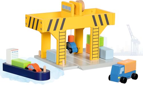 Grue portuaire en bois goki 55826 avec navire cargo et véhicules pour enfant