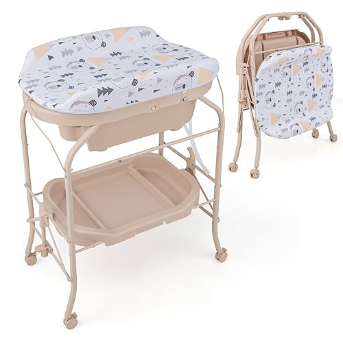DREAMADE 2 in 1 Wickeltisch & Badewanne mit Gestell, Wickeltisch Klappbar, Wickelkommode auf Rollen mit Bremsen, Badestation Baby ab Geburt bis 15 kg (Beige)