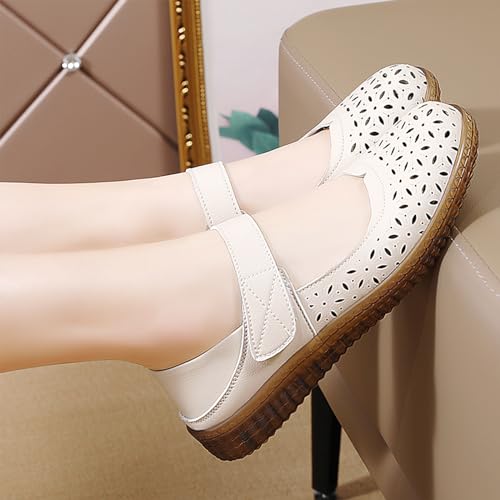 Women's Leather Vintage Hollow Flat Mary Jane Shoes Ankle Strap Closed Round Toe Breathable Mother Nurse work Shoes Comfortable Casual Walking Shoes4