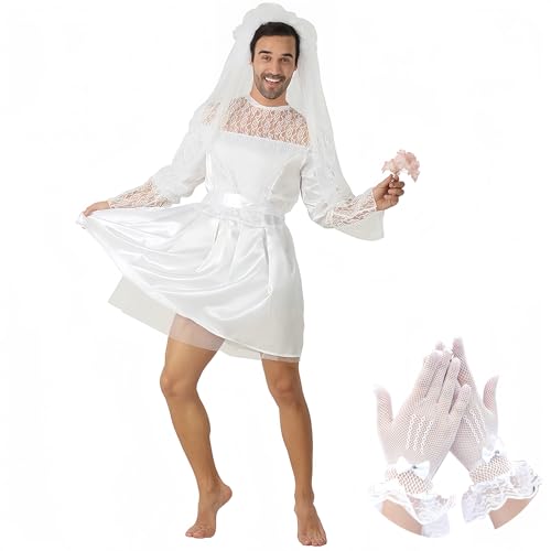 MYMG Halloween Men Bride Costume Stag Do Outfit Mens Wedding Dress Stag Do Accessories Men Graveyard Bridal Cosplay Deluxe Lace Party Festival Fancy Dress Sissy White One Size