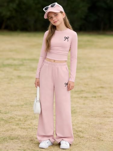 Image of Tween Girls Clothes Long Sleeve Bow Knot Print Top + Wide Leg Pants 2 Piece Outfit Set, Size 7-16 Years