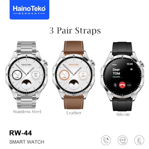 Image of HainoTeko Germany Haino Teko RW44 Round Screen AMOLED Display Smart Watch With 3 Pair Straps and Wireless Charger For Gents and Boys Silver