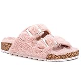 Olivia Miller Kid's Shoes, Cloud Lounge Faux Fur Double Buckle Footbed Dual Strap Girls Flat Slide...