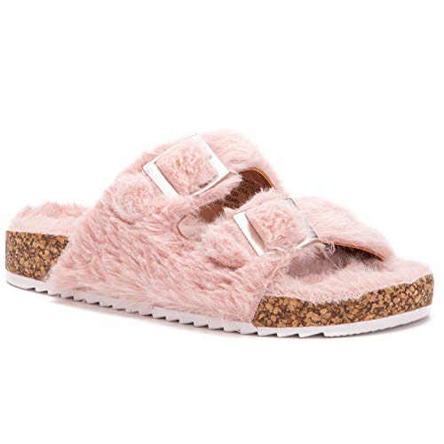 Olivia Miller Kid's Shoes, Cloud Lounge Faux Fur Double Buckle Footbed Dual Strap Girls Flat Slide Sandals #TOP29