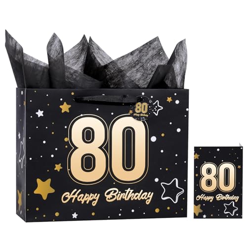 Image of Powbrace 13 inch Black 80th Birthday Gift Bag with Tissue Paper and Greeting Card for Party,Happy Birthday Gift Bag for Men Women,Gift Bags Medium size(1 Black 80th)