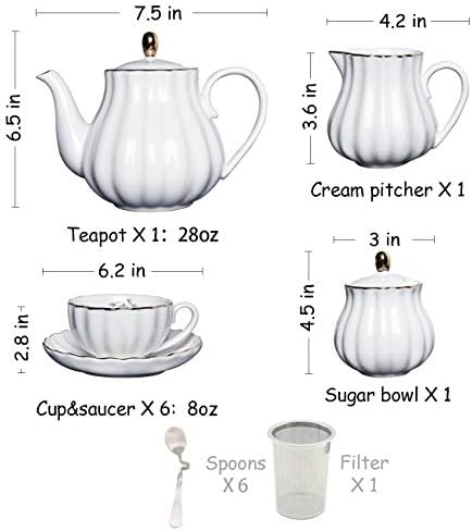 Porcelain Tea Sets British Royal Series, 8 OZ Cups& Saucer Service for 6, with Teapot Sugar Bowl Cream Pitcher Teaspoons and tea strainer for Tea/Coffee, Pukka Home (Pure White)