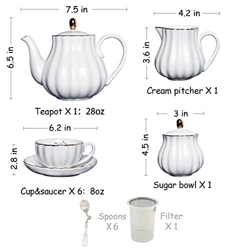 Porcelain Tea Sets British Royal Series, 8 Oz Cups& Saucer Service For 6, With Teapot Sugar Bowl Cream Pitcher Teaspoons And Tea Strainer For Tea/Coffee, Pukka Home (Pure White) #TOP2