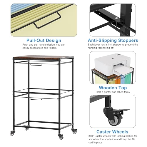 EasyPAG Rolling Hanging File Folder Cart, 2 Tier Metal Pull-Out File Rack for Letter and Legal Size Folders, Portable Filing Cart for Office Home, Black - Thumbnail 3