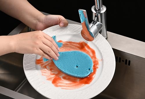 Image of Fox Run Silicone Whale Dish Scrubber, 6 inch Multipurpose Kitchen Cleaning Brush